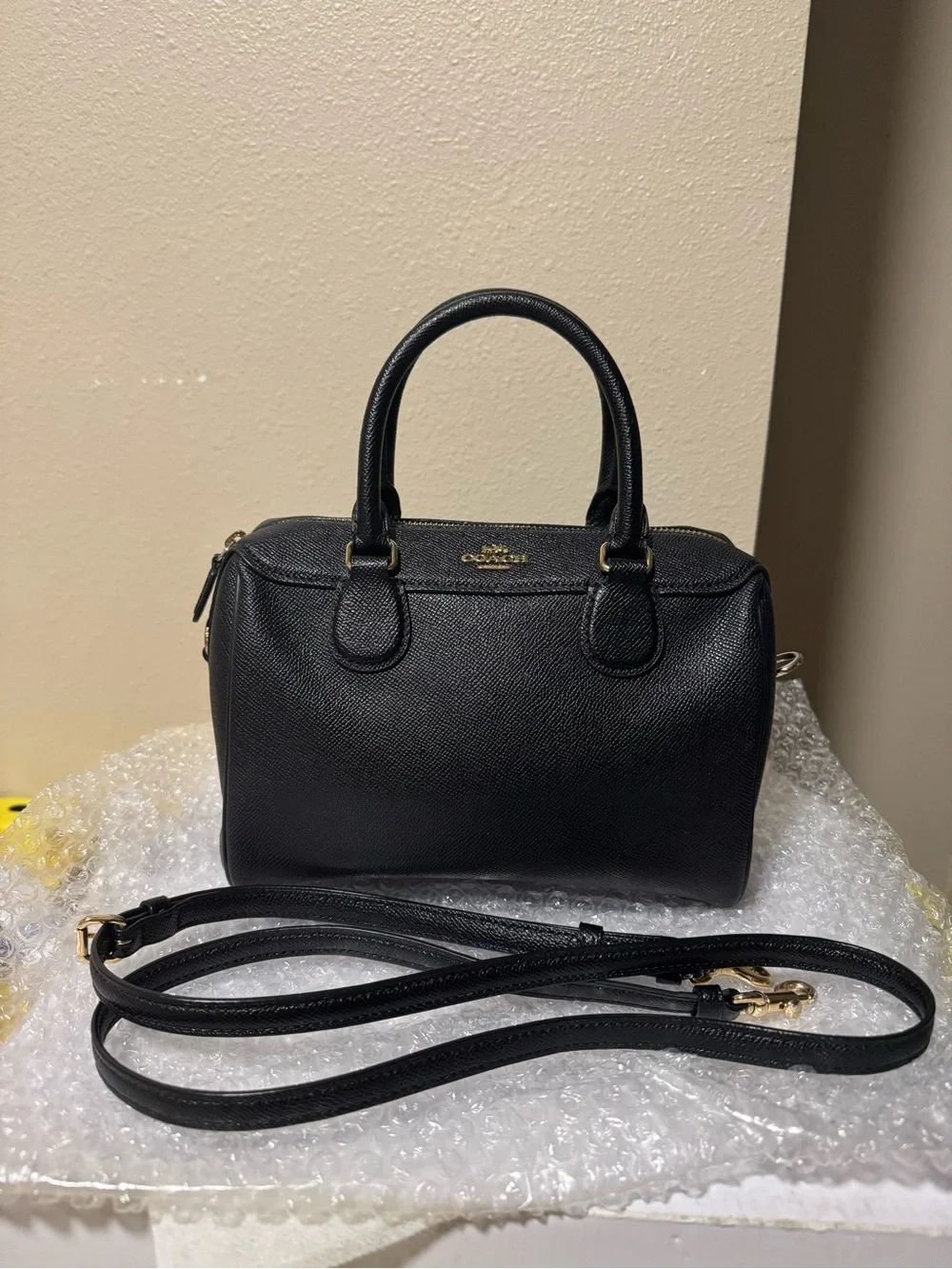 Coach Mini Black Leather Satchel with Gold Hardware and Removable Strap